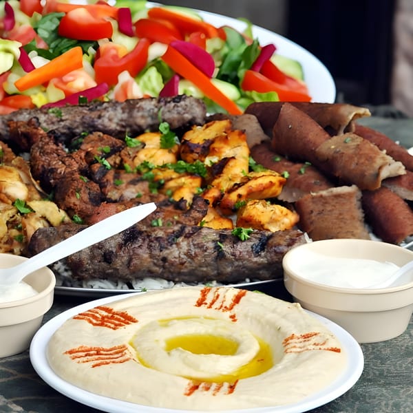 A Mediterranean platter with kabobs, chicken, salad, hummus, and flatbread at Al Hamra Kabob Grill.